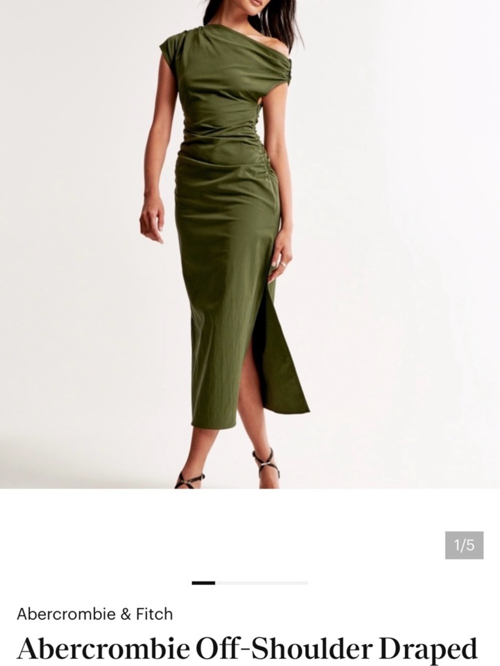 Abercrombie & Fitch Olive One-Shoulder Ruched Midi Dress
